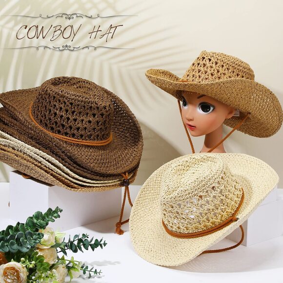 6184 9 Pack Straw Cowboy Hats For Women Western Cowgirl Beach Sun Hat Bulk main image 5